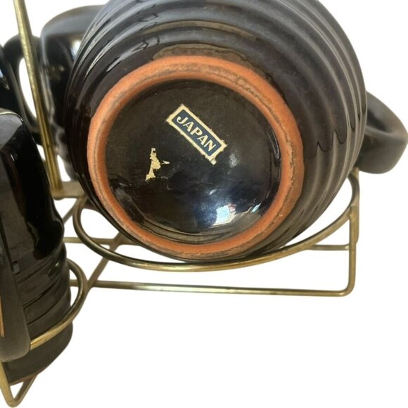 Vintage MCM Hand Painted Gold On Black Wheat Pattern Condiment Set W/Stand Japan - Picture 5 of 7